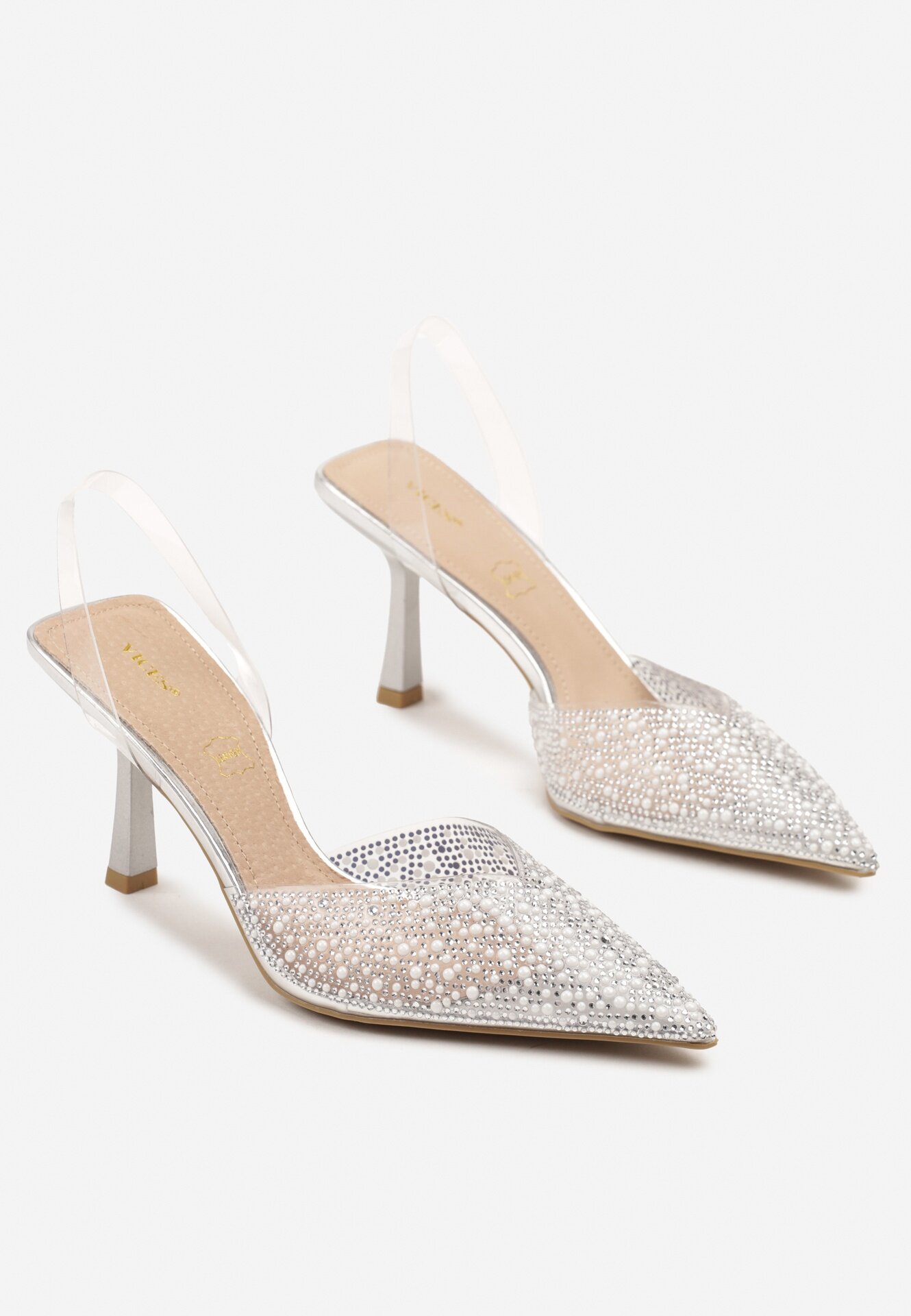 vices Sandale Argintii cu toc cui Slingback cu branț din piele și cu zirconii Ovifa