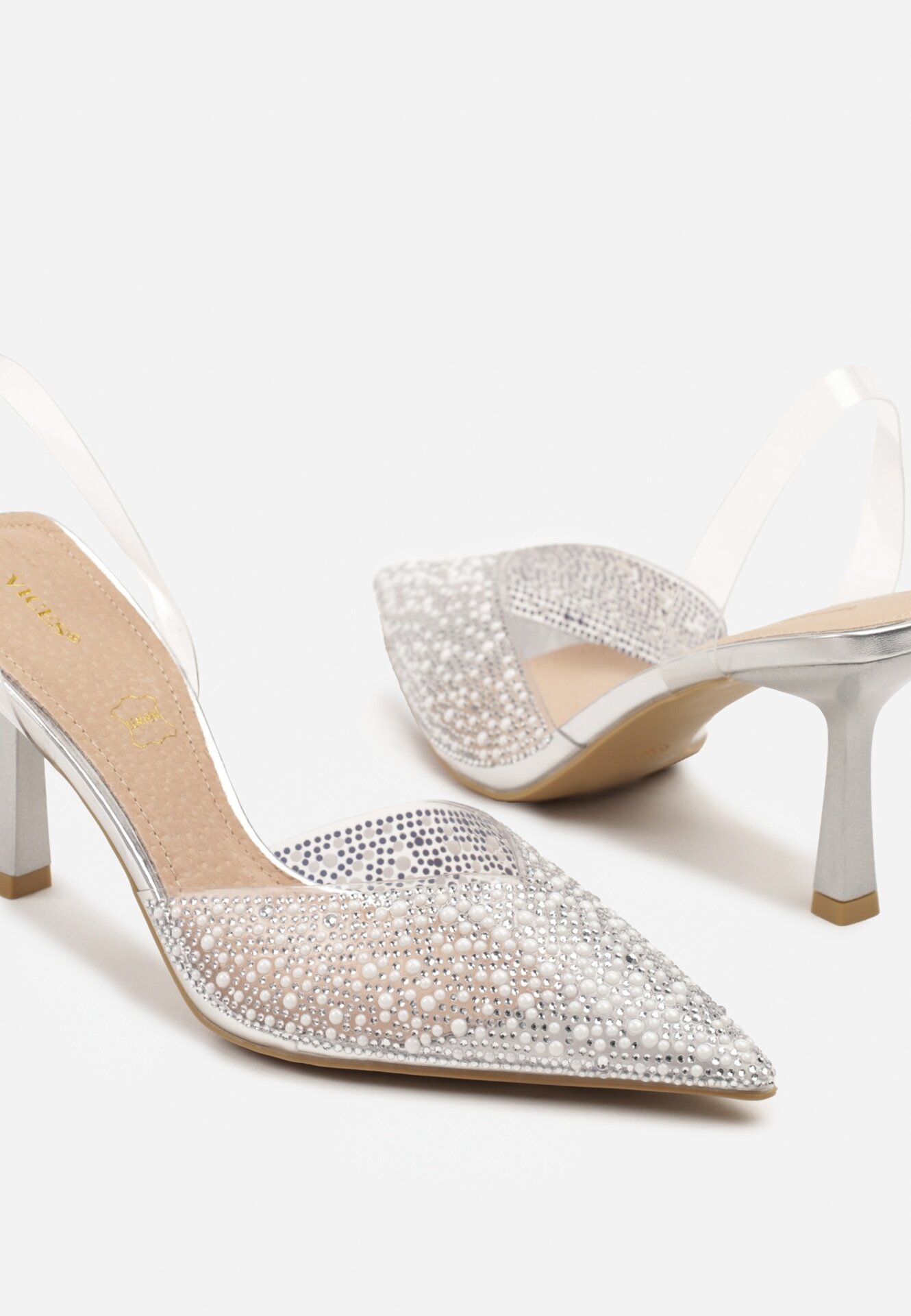 vices Sandale Argintii cu toc cui Slingback cu branț din piele și cu zirconii Ovifa