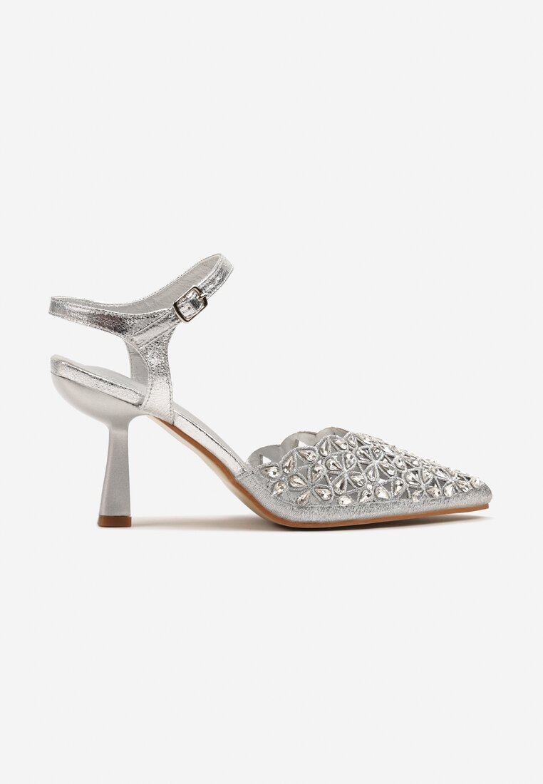 vices Sandale Argintii Decupate cu Toc Stiletto Decorate cu Zirconii Nilathra