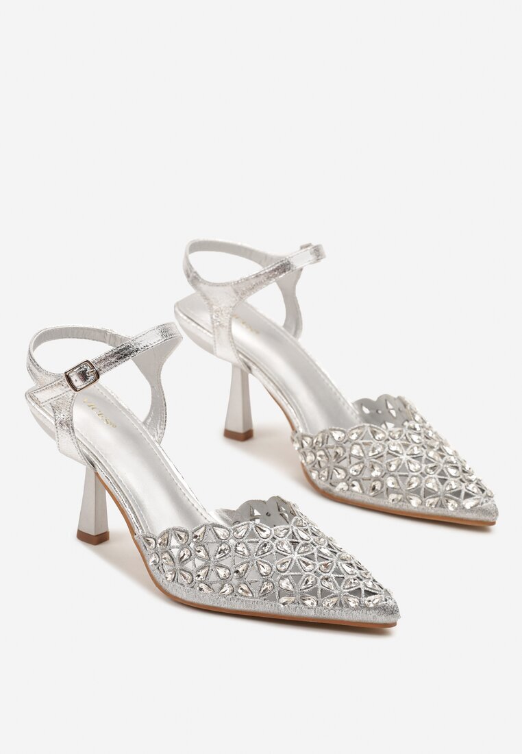 vices Sandale Argintii Decupate cu Toc Stiletto Decorate cu Zirconii Nilathra
