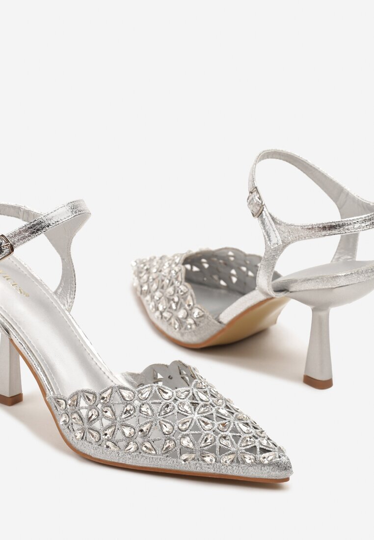 vices Sandale Argintii Decupate cu Toc Stiletto Decorate cu Zirconii Nilathra