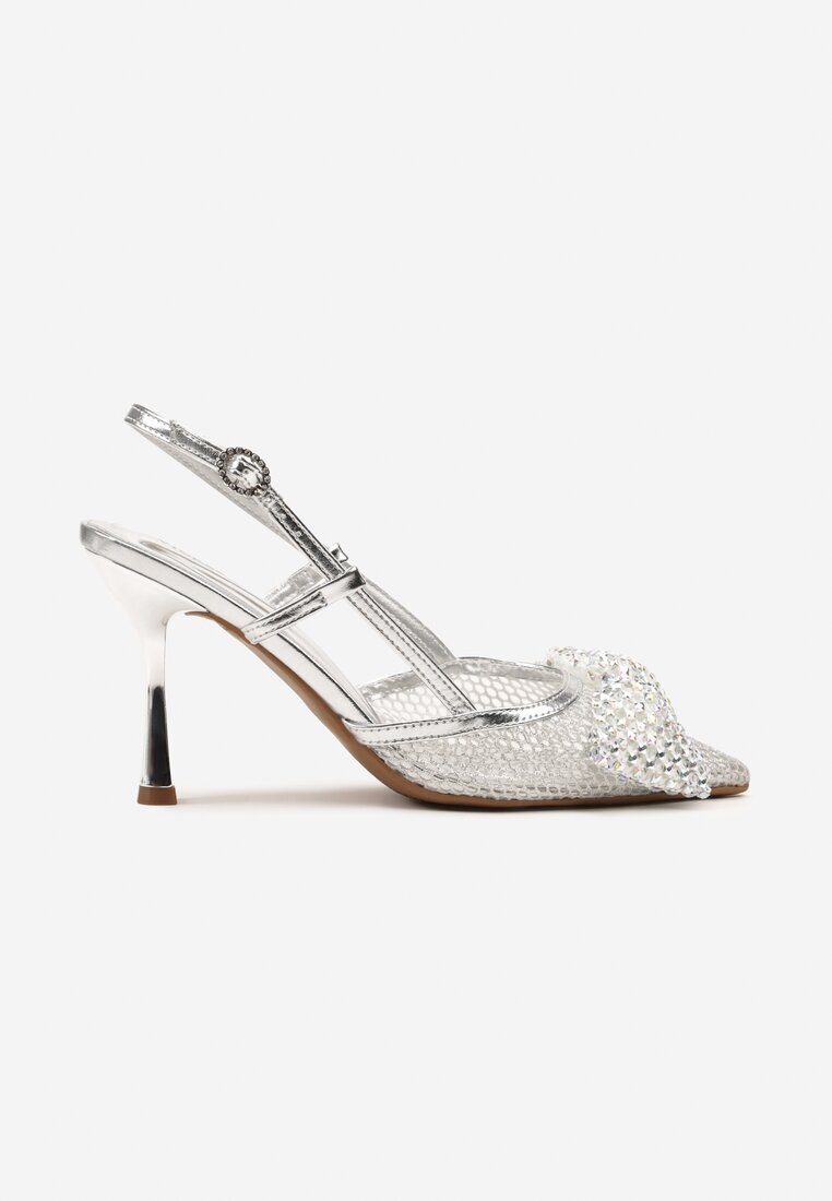 vices Sandale Argintii din plasă cu toc stiletto decorate cu fundă și paiete Reandra