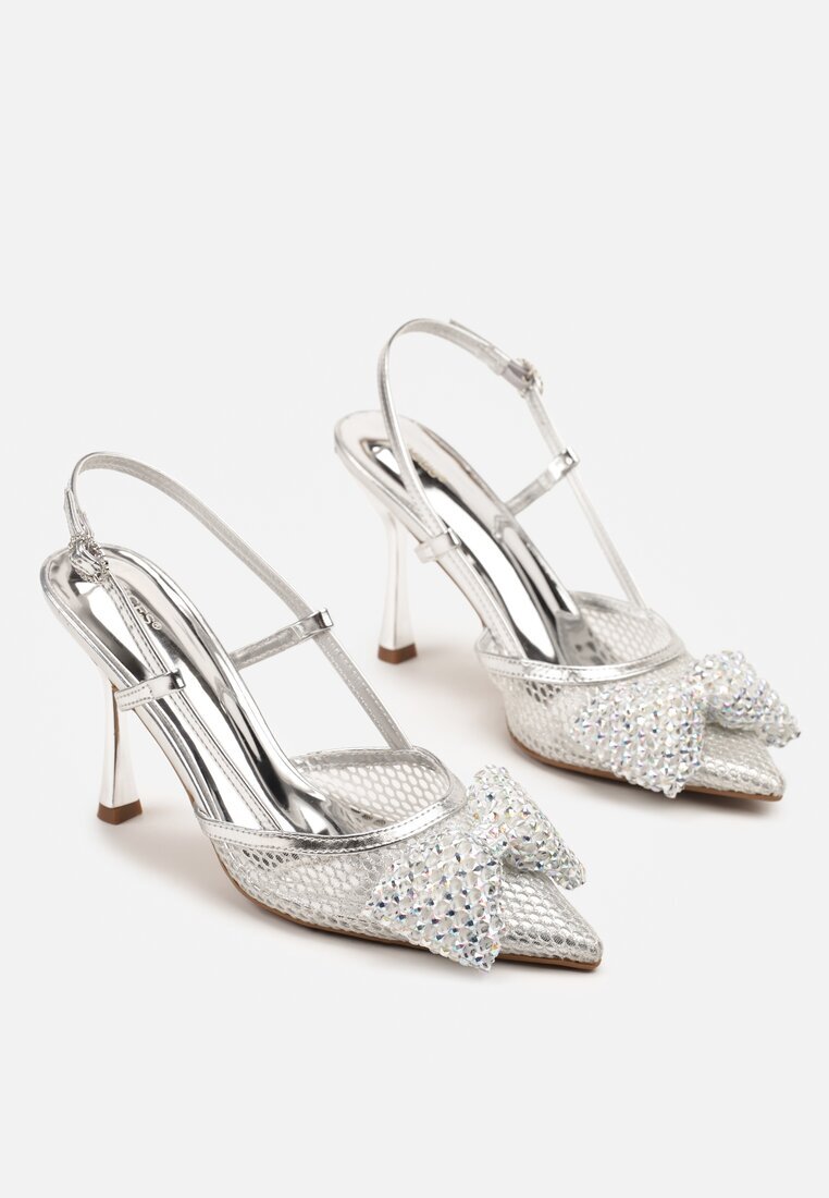 vices Sandale Argintii din plasă cu toc stiletto decorate cu fundă și paiete Reandra