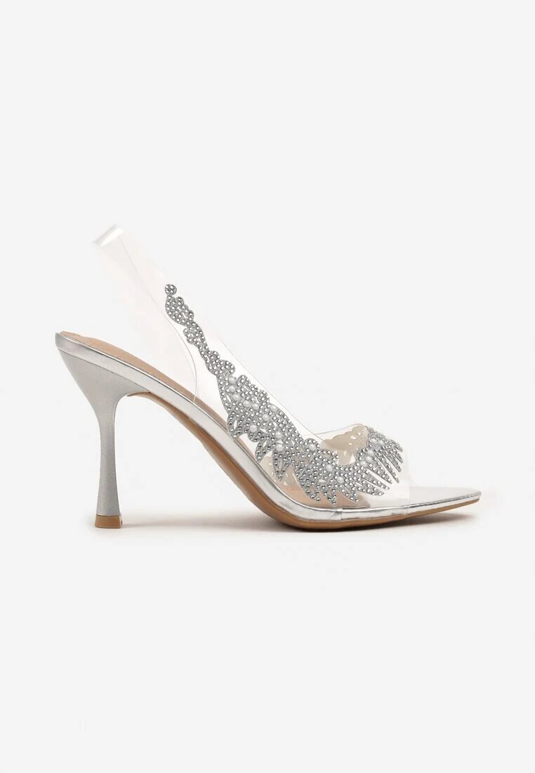 vices Sandale Argintii Transparente cu toc stiletto cu branț din piele și cu Zirconii Oviassa