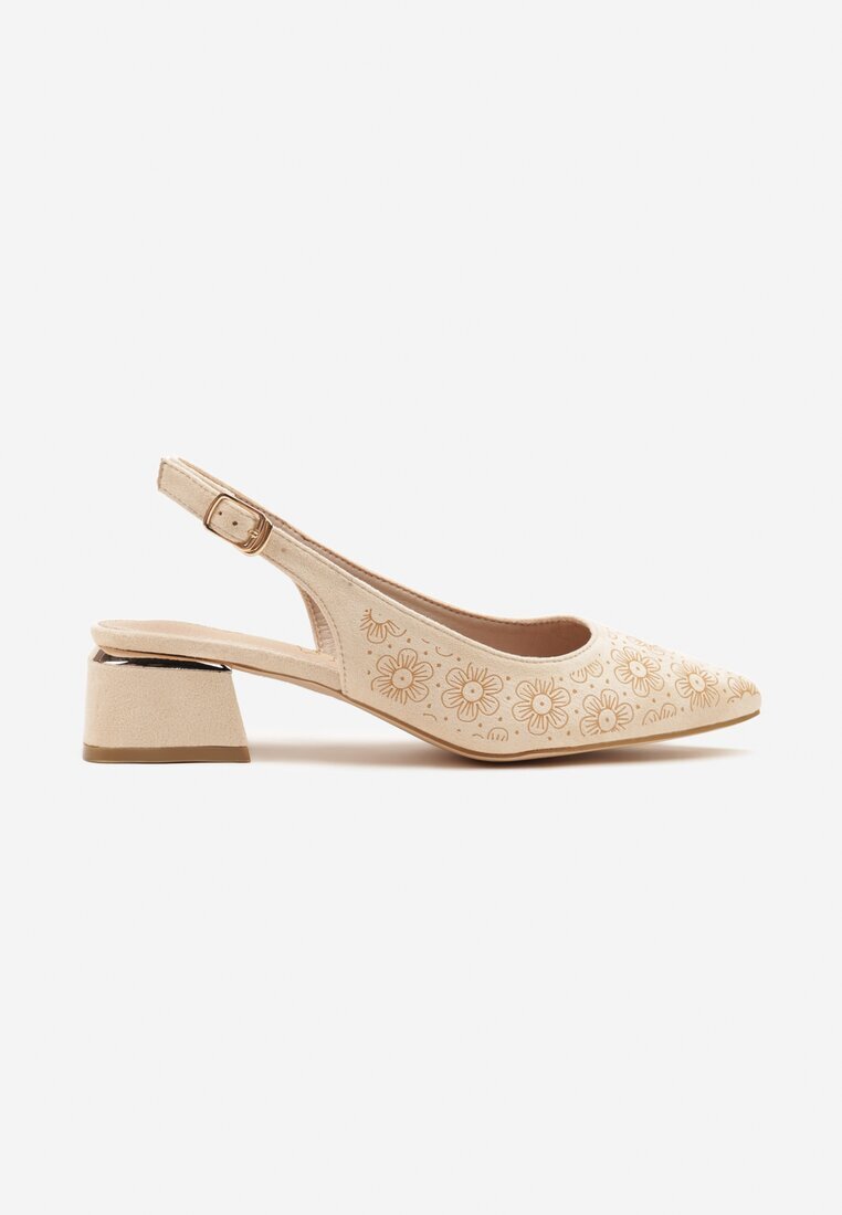 vices Sandale Bej cu toc bloc Slingback cu branț din piele și ornament metalic Ciariloria