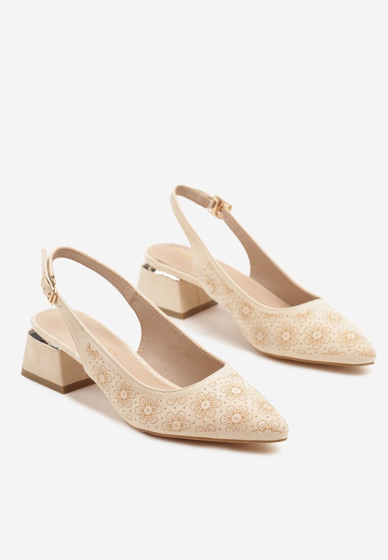 vices Sandale Bej cu toc bloc Slingback cu branț din piele și ornament metalic Ciariloria