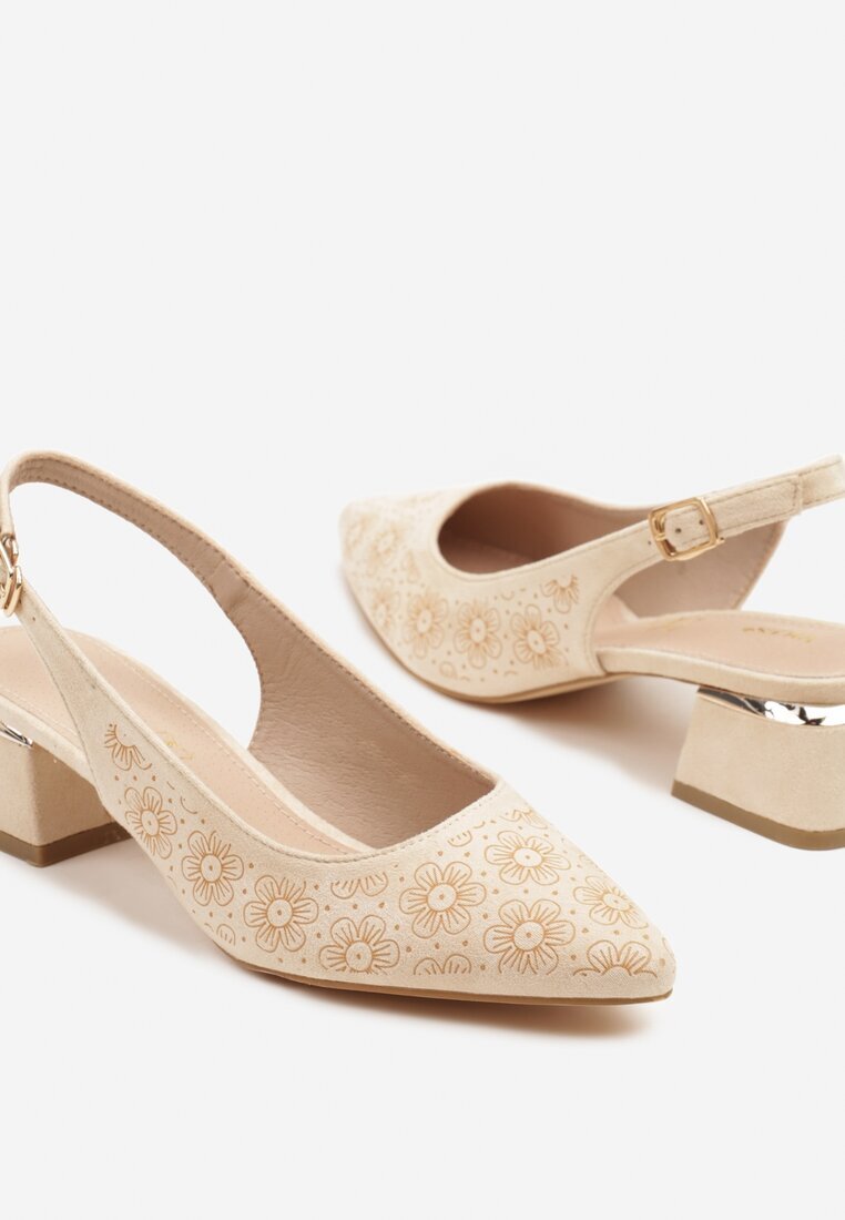 vices Sandale Bej cu toc bloc Slingback cu branț din piele și ornament metalic Ciariloria