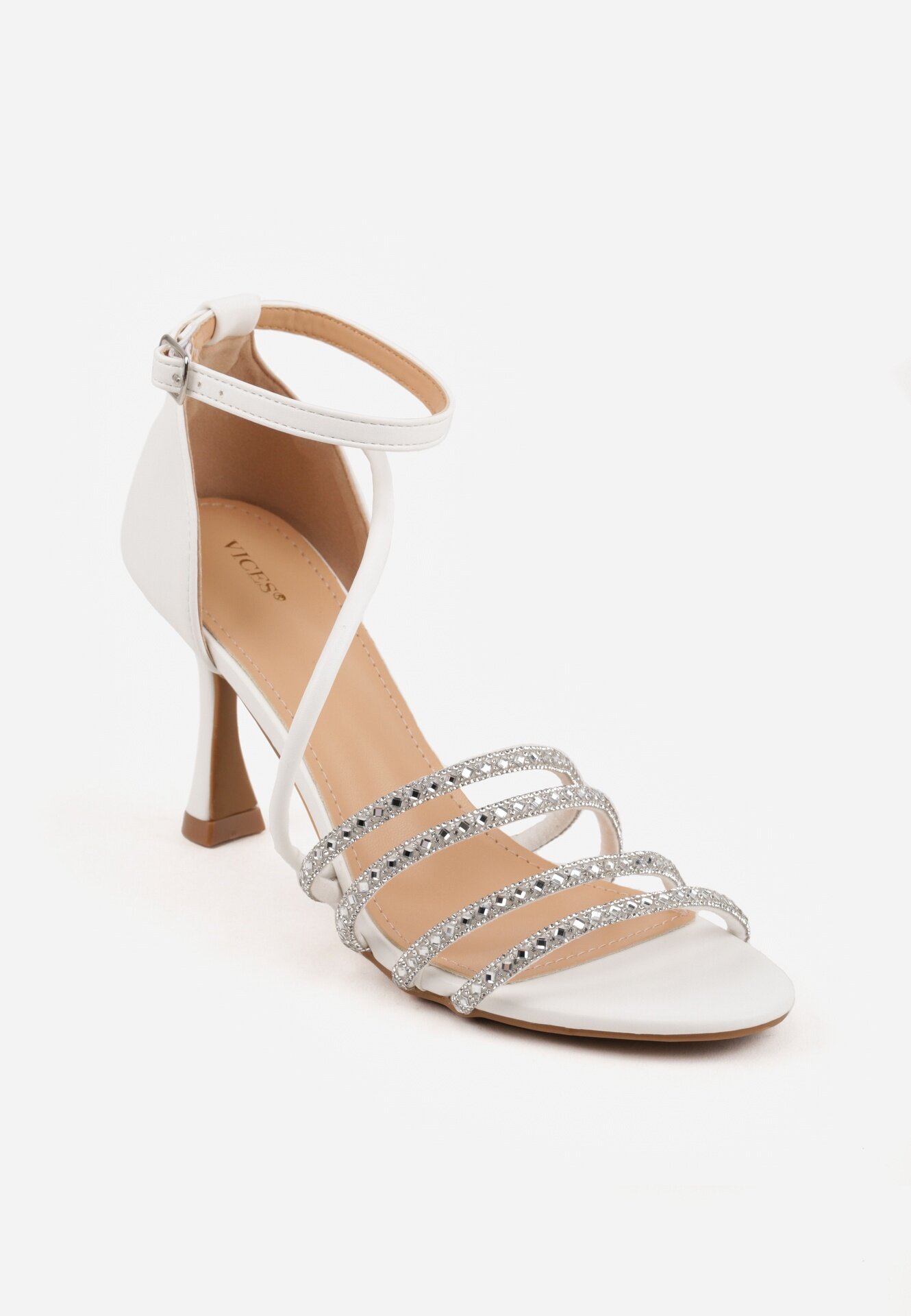 vices Sandale elegante cu toc tip clepsidră și zirconii decorative Solenne Albe