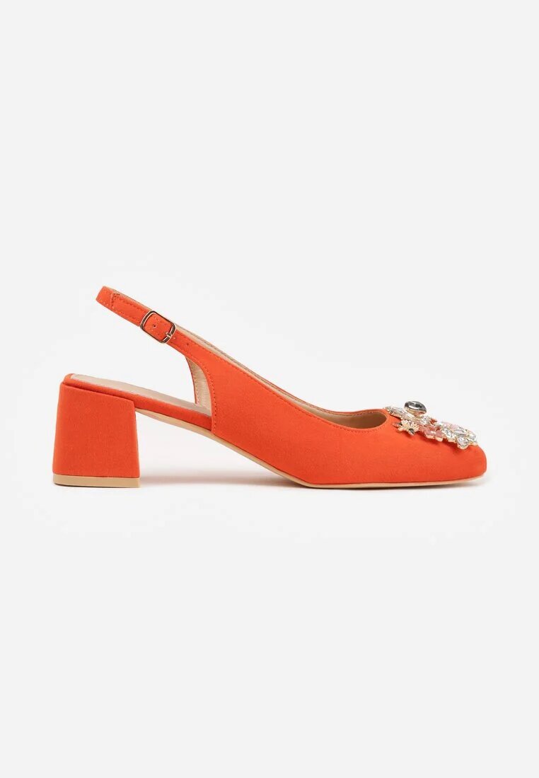 vices Sandale Portocalii cu Toc Bloc Slingback cu Branț din Piele și cu Pietre Nimirune