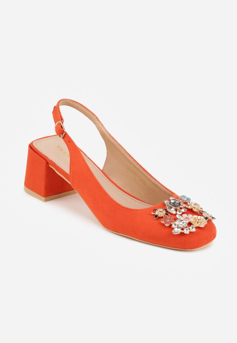 vices Sandale Portocalii cu Toc Bloc Slingback cu Branț din Piele și cu Pietre Nimirune