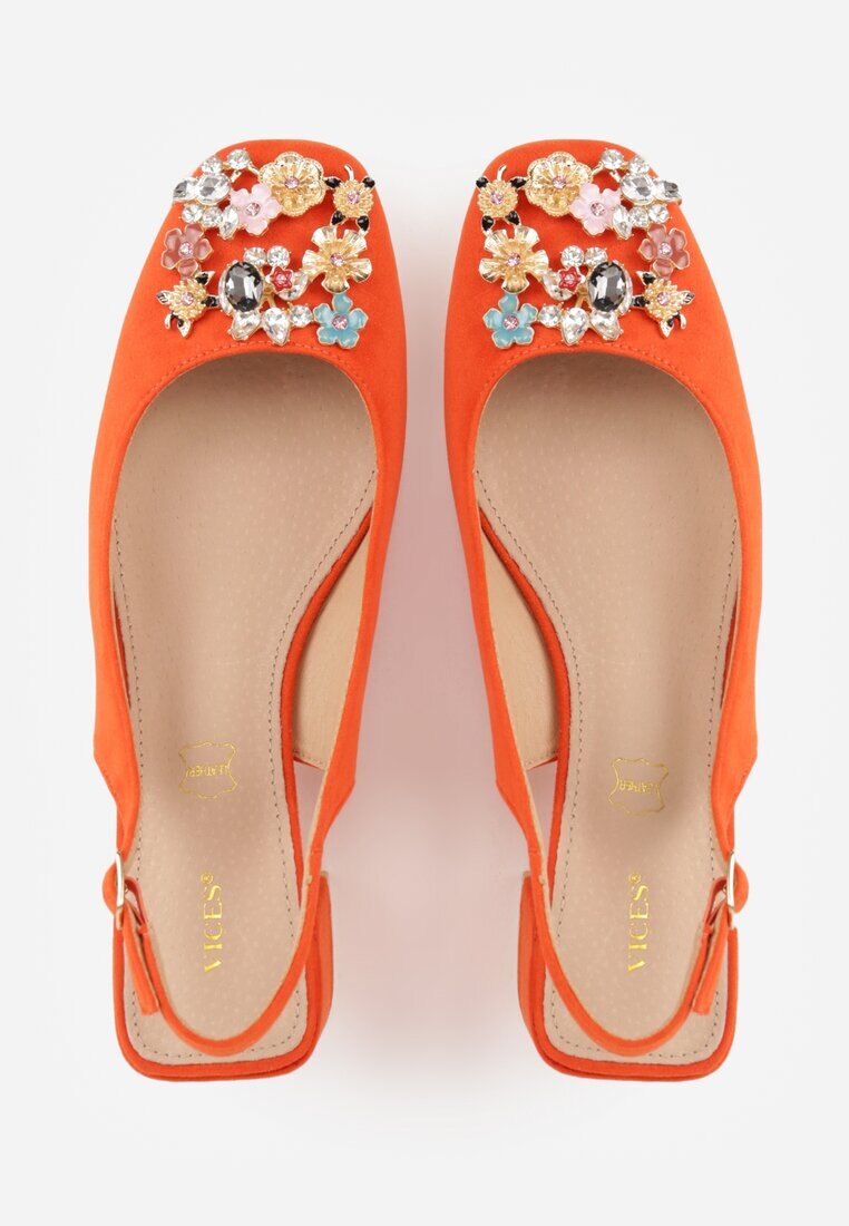 vices Sandale Portocalii cu Toc Bloc Slingback cu Branț din Piele și cu Pietre Nimirune