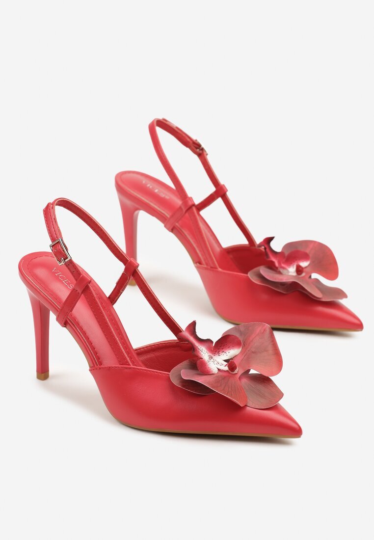 vices Sandale Roșii cu toc cui Slingback cu Floare 3D Koviano