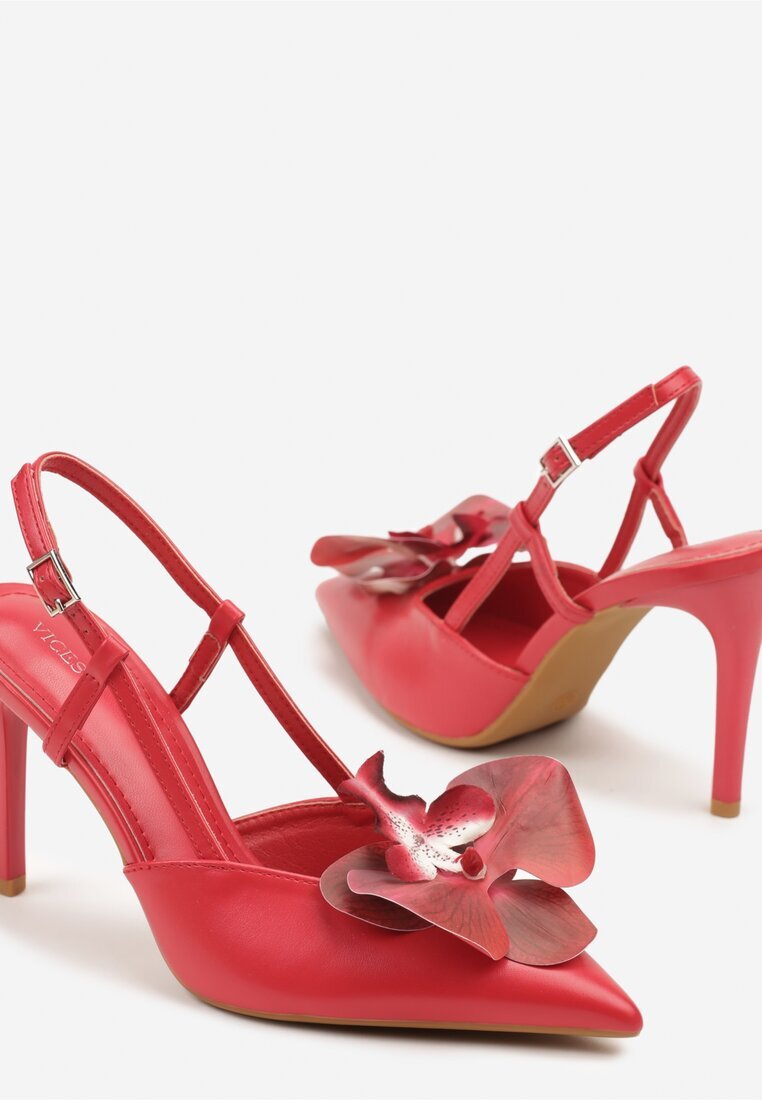 vices Sandale Roșii cu toc cui Slingback cu Floare 3D Koviano