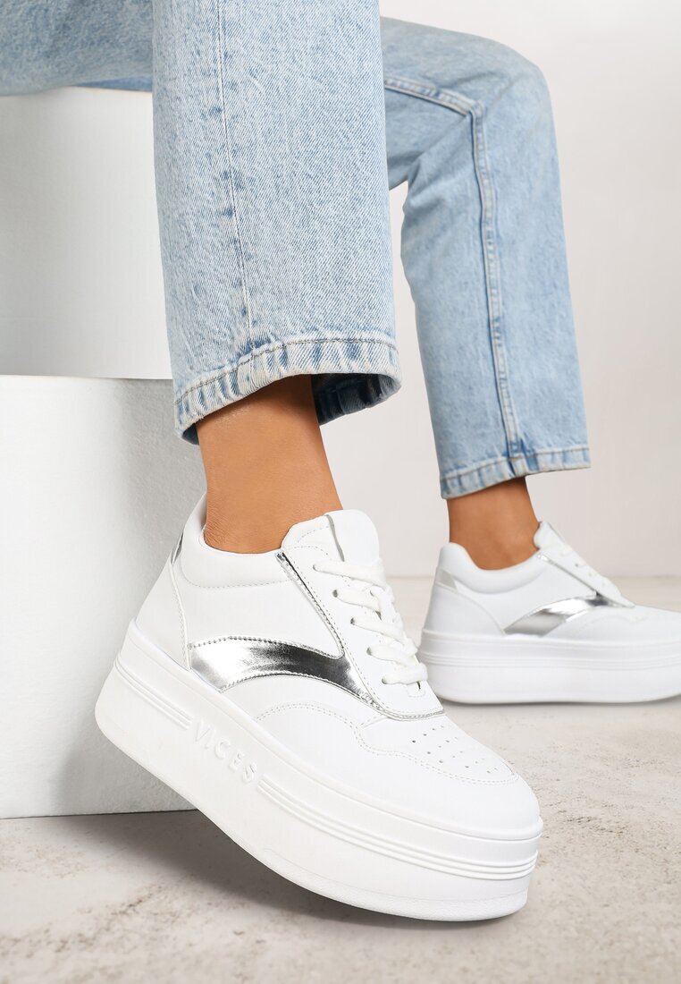 vices Sneakers Alb-Argintii cu șireturi pe platformă cu benzi metalice Neliawen