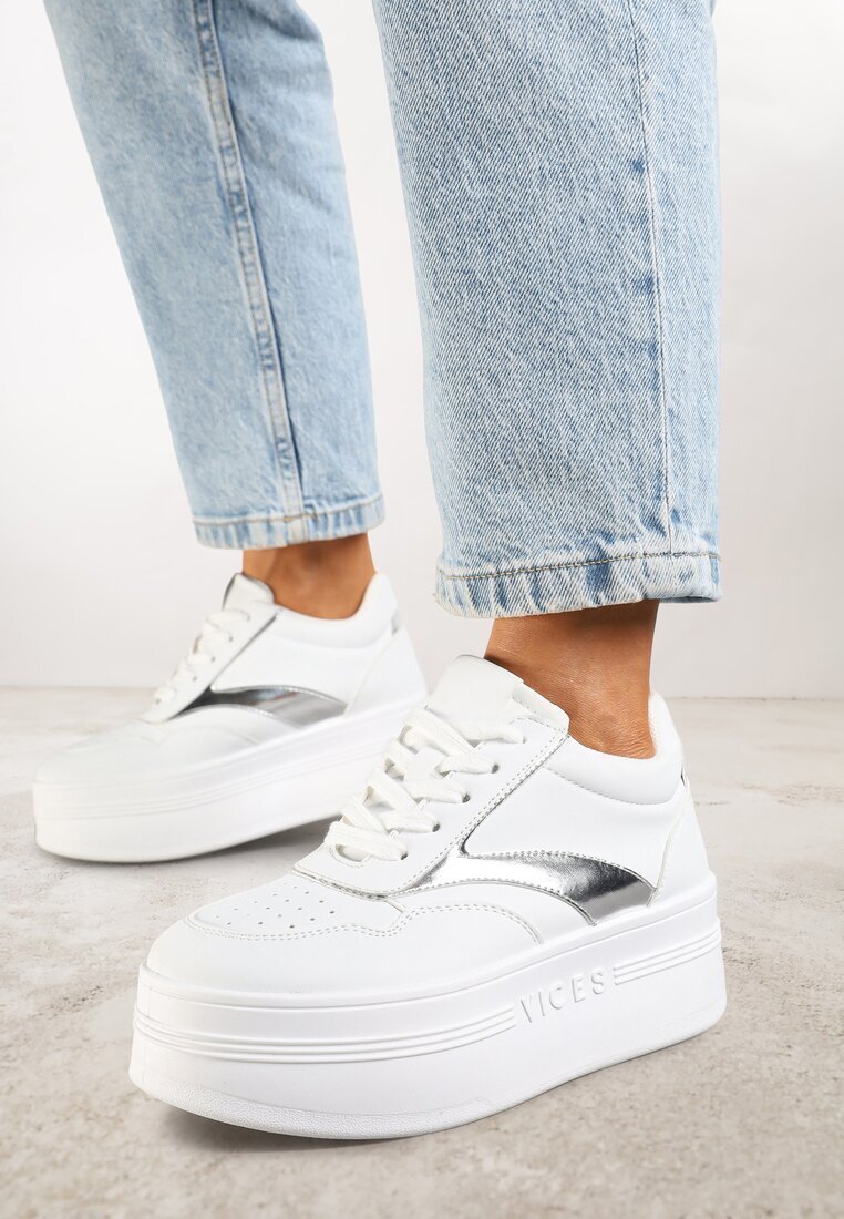 vices Sneakers Alb-Argintii cu șireturi pe platformă cu benzi metalice Neliawen