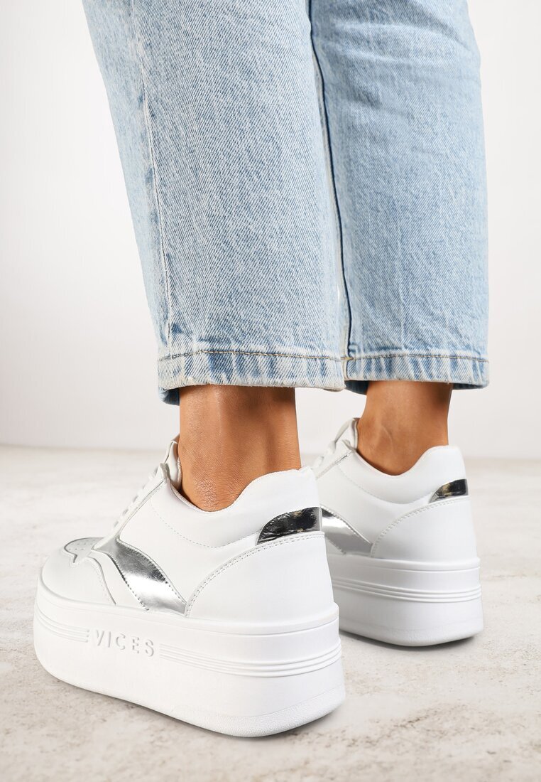 vices Sneakers Alb-Argintii cu șireturi pe platformă cu benzi metalice Neliawen