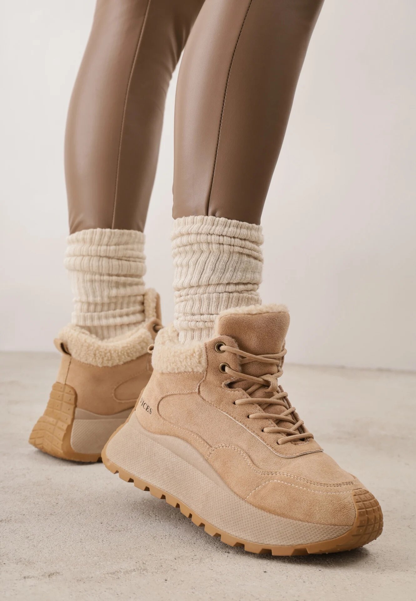 vices Sneakers Ghete de zăpadă Maro deschis cu Platformă cu Inscripție și Blană Lanite
