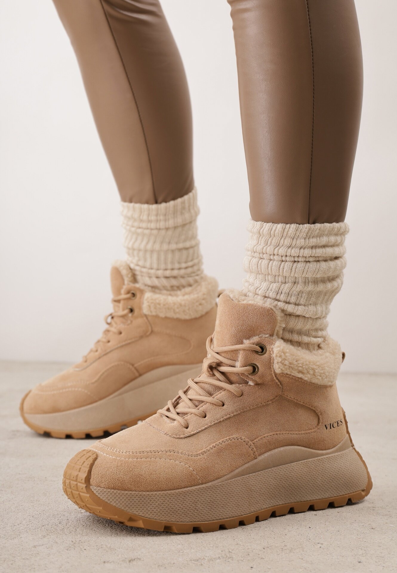 vices Sneakers Ghete de zăpadă Maro deschis cu Platformă cu Inscripție și Blană Lanite
