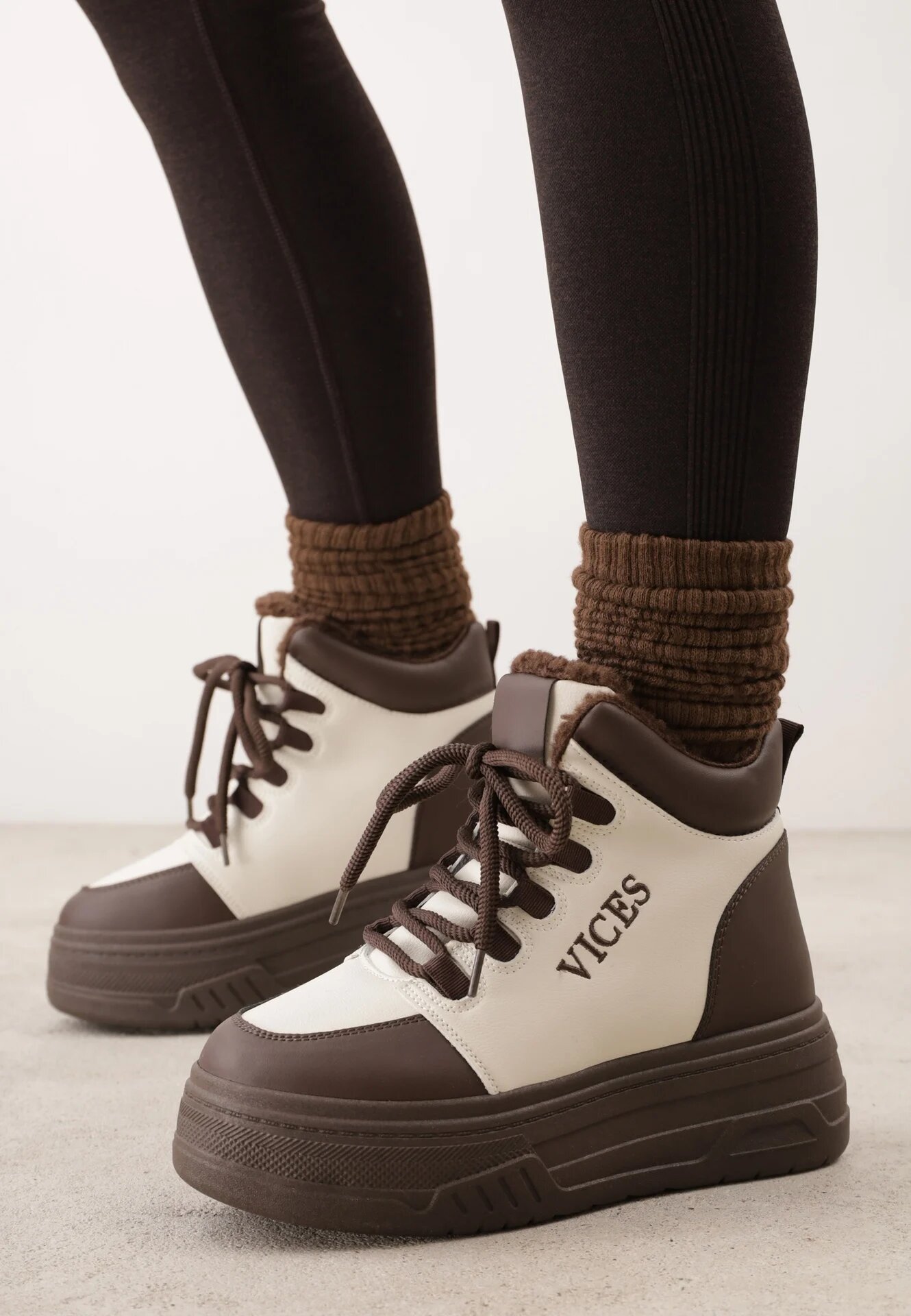 vices Sneakerși Bej-Maro cu Talpă Groasă Căptușiți Gros cu Blană Leavinael
