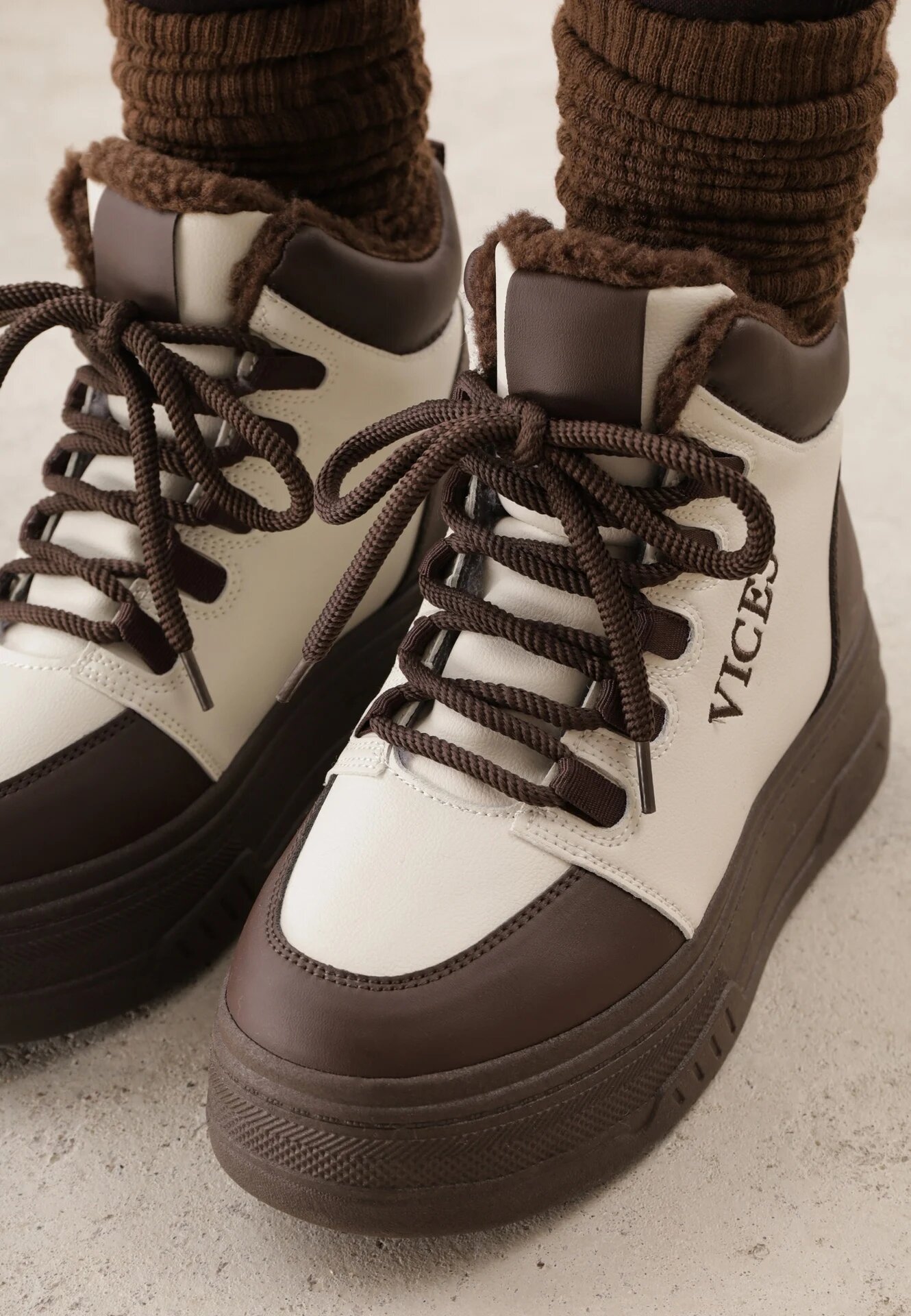 vices Sneakerși Bej-Maro cu Talpă Groasă Căptușiți Gros cu Blană Leavinael