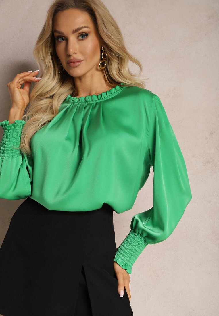 wei wei Bluză Verde cu Volane Decorative cu Croială Lejeră Gwoneissa