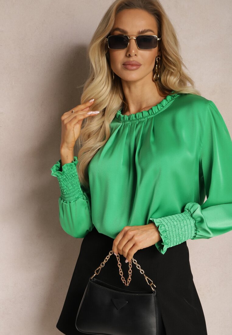 wei wei Bluză Verde cu Volane Decorative cu Croială Lejeră Gwoneissa