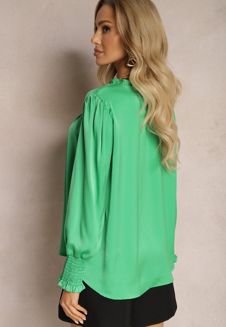 wei wei Bluză Verde cu Volane Decorative cu Croială Lejeră Gwoneissa