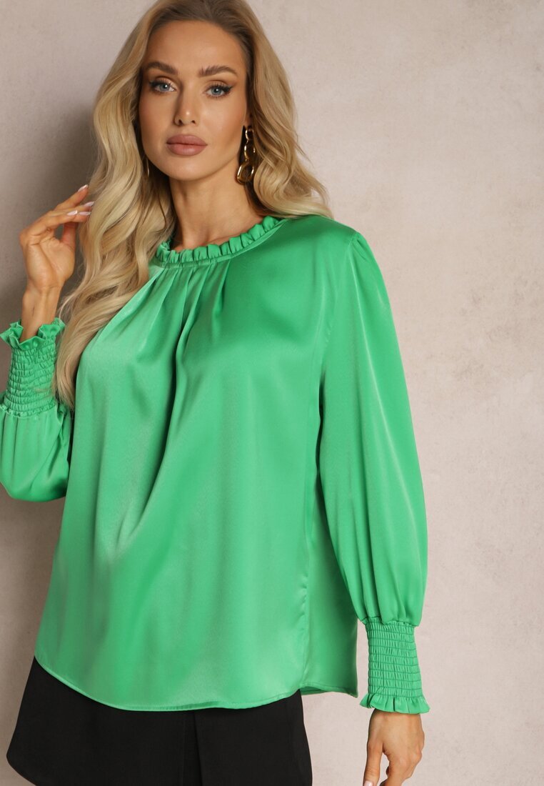 wei wei Bluză Verde cu Volane Decorative cu Croială Lejeră Gwoneissa