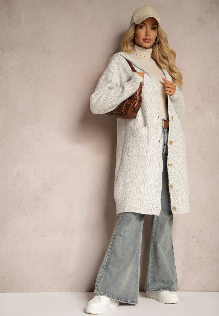 wei wei Cardigan Deschis Gri cu adaos de viscoză și glugă decorat cu buzunare Olianne