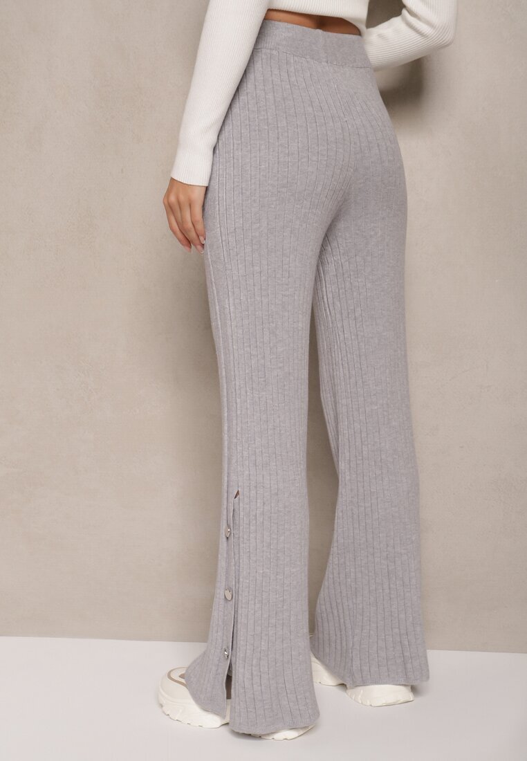 wei wei Pantaloni Talie înaltă din viscoză cu croială largă rebrate gri deschis decorați cu nasturi Zeriel