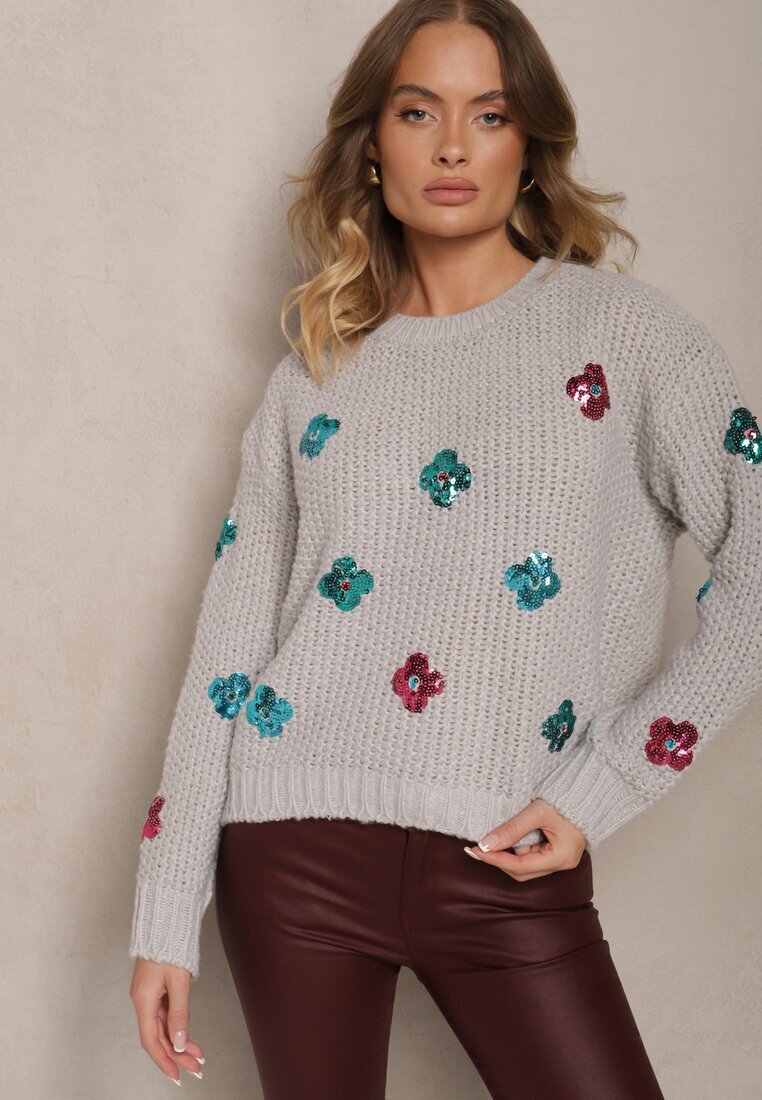 wei wei Pulover gri deschis cu viscoză Decorat cu Aplicații cu Paiete cu Flori Edalora