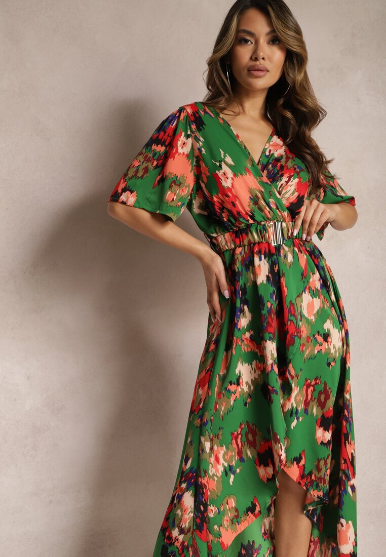 wei wei Rochie Asimetrică Verde-Roșie cu Elastic în Talie și Decolteu Petrecut Perlana