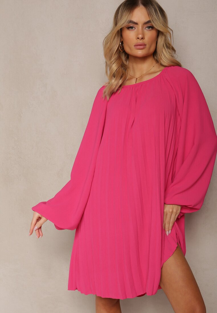 wei wei Rochie evazată fucsia decorată cu pliuri și mâneci bufante Ksarina