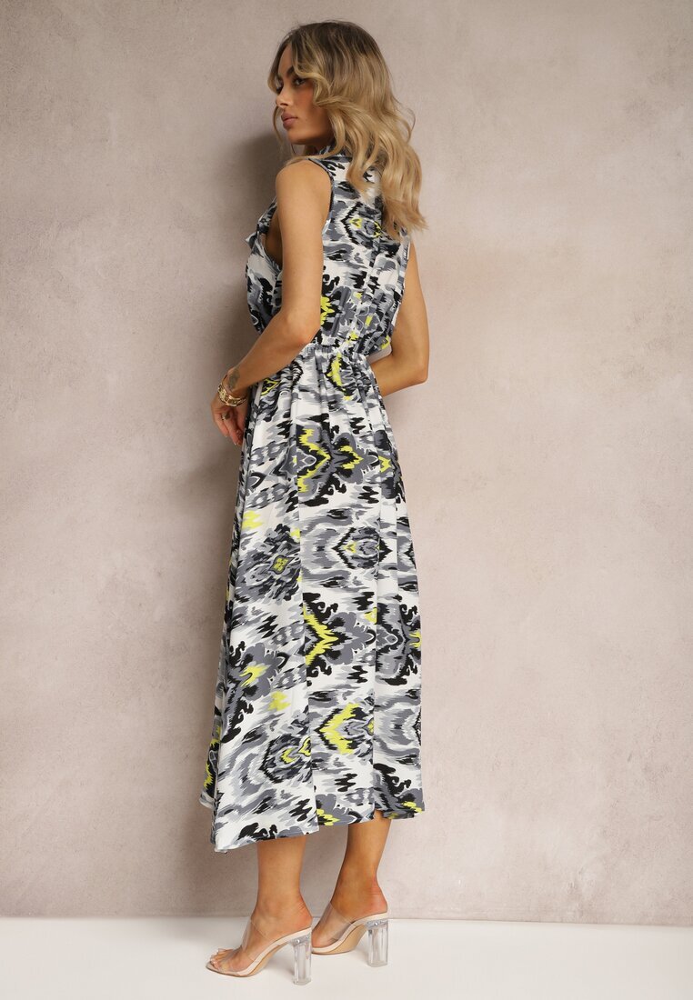 wei wei Rochie Evazată Gri cu Aplicații Decorative pe Decolteu cu Imprimeu Abstract Flubia