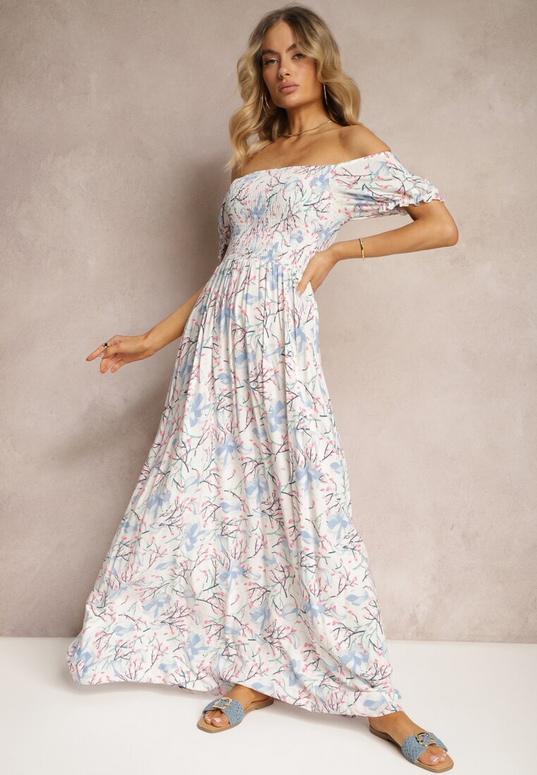 wei wei Rochie Florală Alb-Bleu cu croială evazată și bust încrețit Eliseria