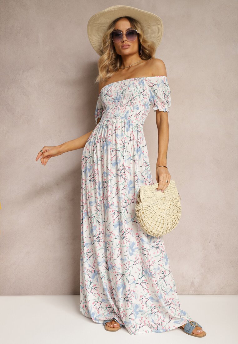 wei wei Rochie Florală Alb-Bleu cu croială evazată și bust încrețit Eliseria