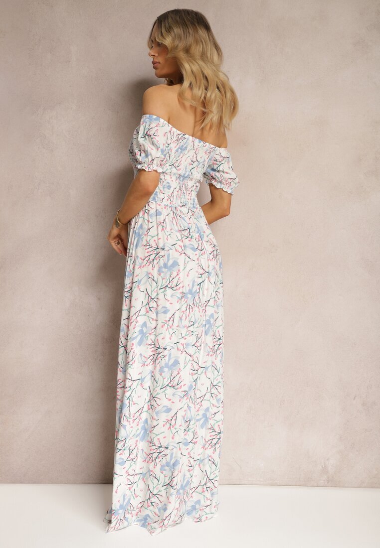 wei wei Rochie Florală Alb-Bleu cu croială evazată și bust încrețit Eliseria
