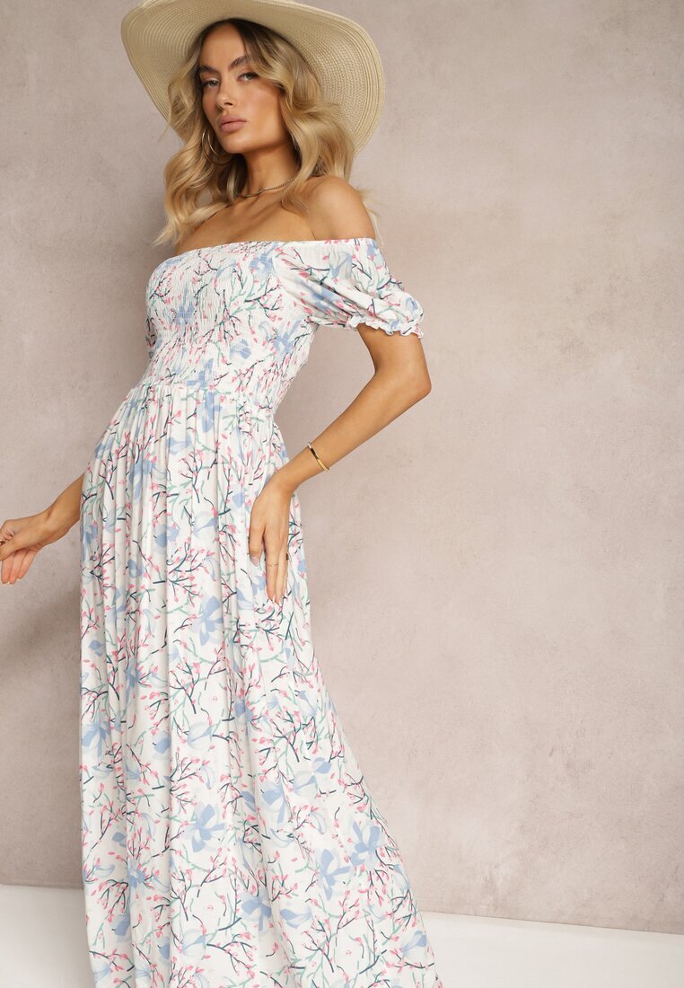 wei wei Rochie Florală Alb-Bleu cu croială evazată și bust încrețit Eliseria