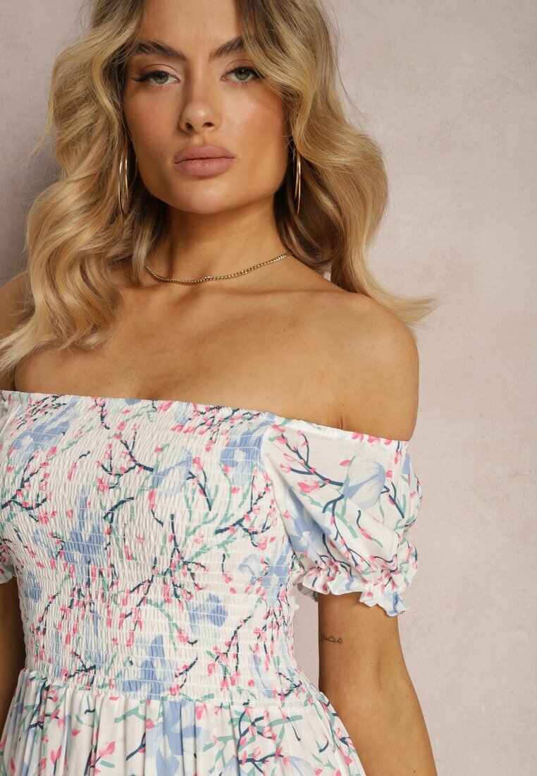 wei wei Rochie Florală Alb-Bleu cu croială evazată și bust încrețit Eliseria