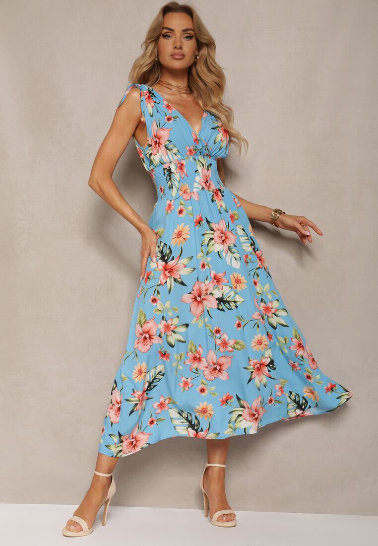 wei wei Rochie Florală Albastră cu elastic în talie și decolteu triunghiular cu șnururi Taseria