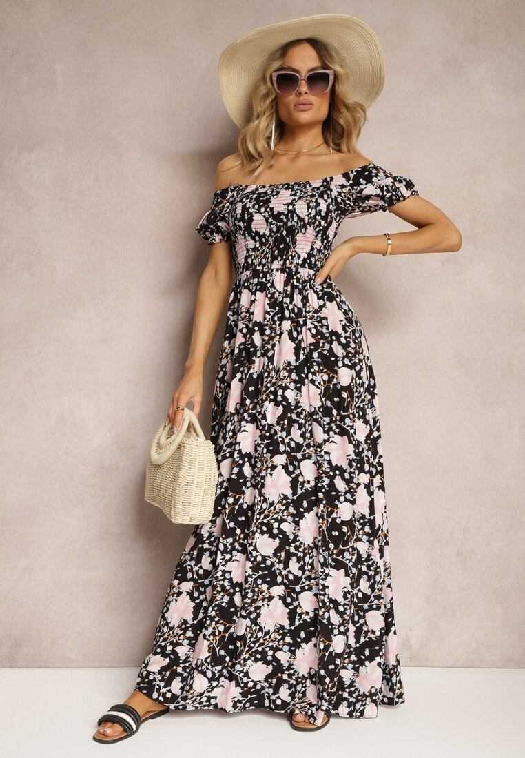 wei wei Rochie florală negru-albă cu croi evazat cu bustul încrețit Eliseria