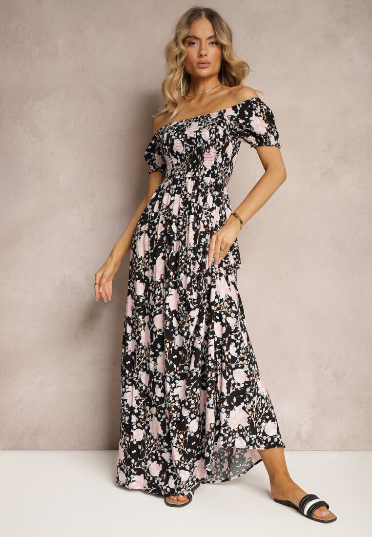 wei wei Rochie florală negru-albă cu croi evazat cu bustul încrețit Eliseria