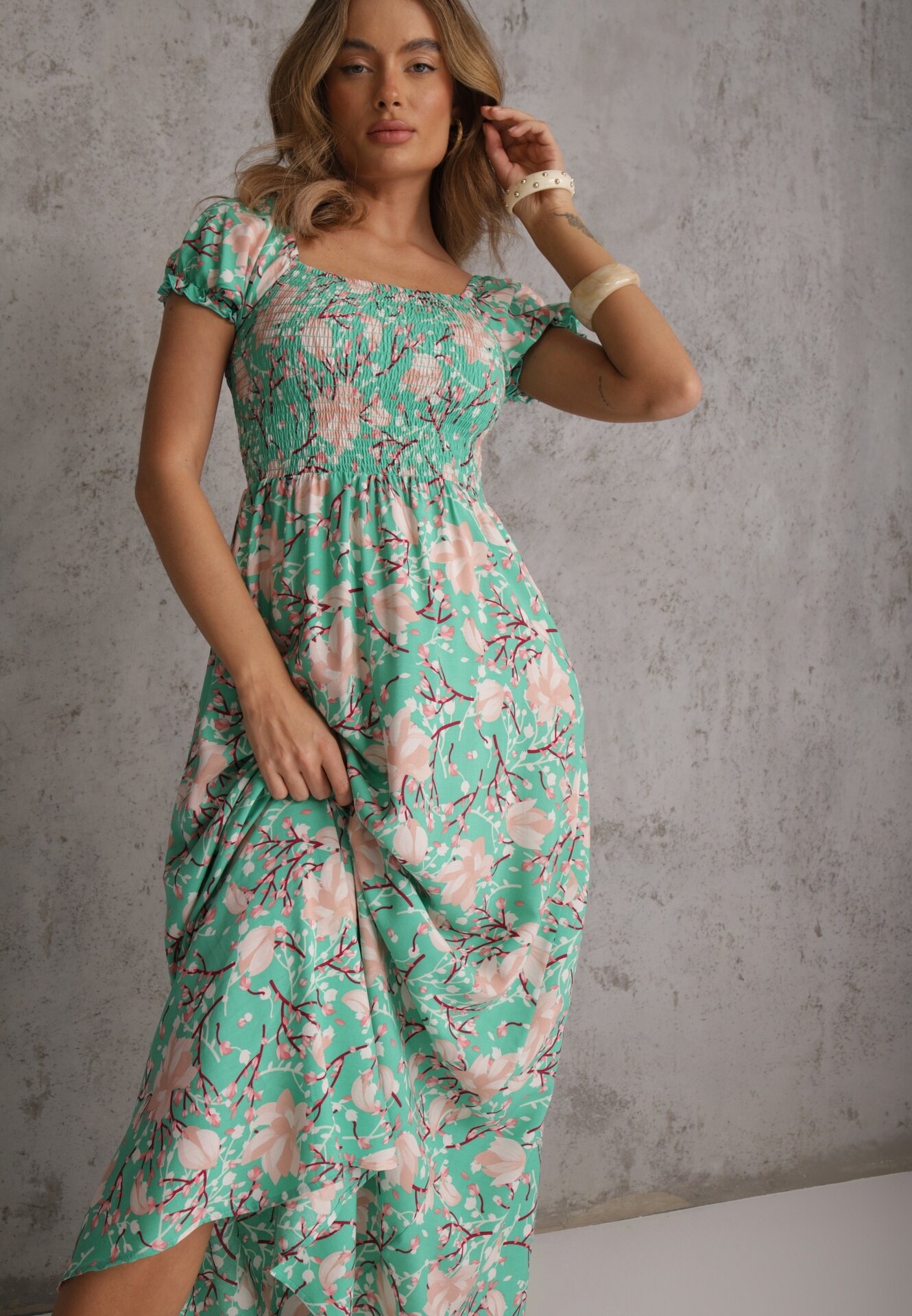 wei wei Rochie Florală Verde evazată cu bust încrețit Eliseria