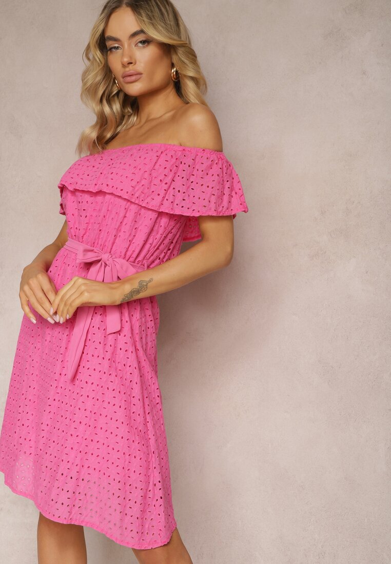 wei wei Rochie Fucsia Brodată Tip Spaniolă cu elastic și curea în talie Qira