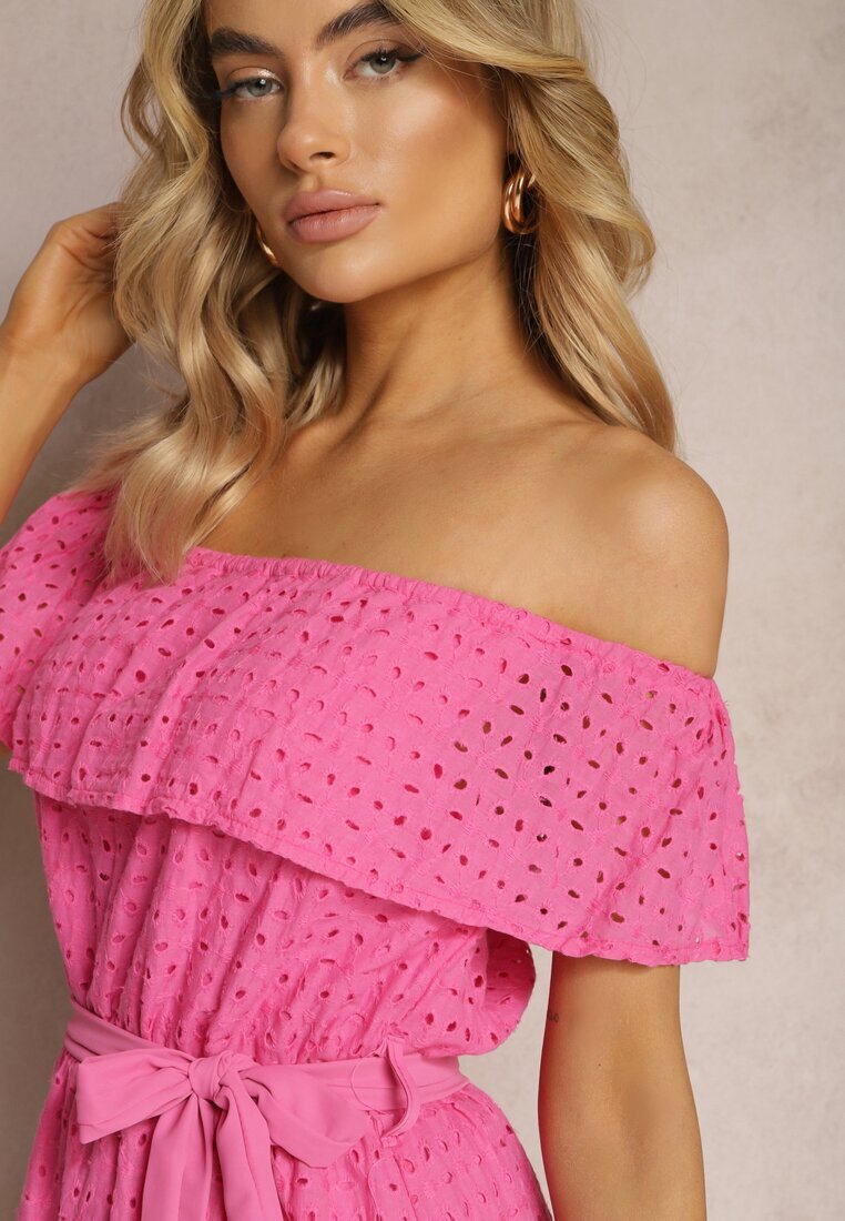 wei wei Rochie Fucsia Brodată Tip Spaniolă cu elastic și curea în talie Qira