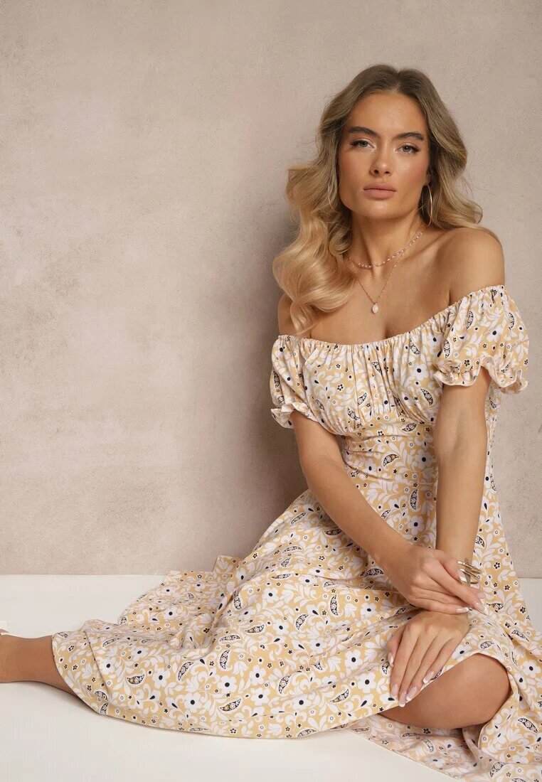 wei wei Rochie Galbenă Cloche cu Imprimeu Floral din Bumbac și Decolteu Bărcuță cu Mâneci Bufante Saniren