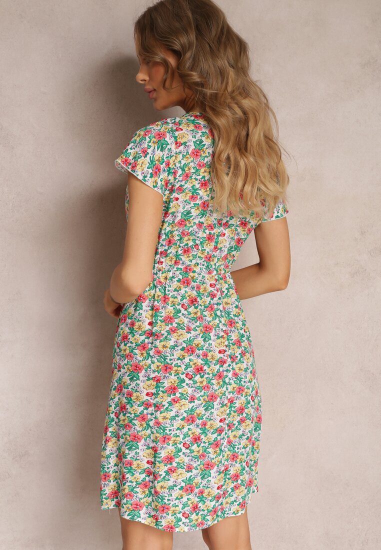 wei wei Rochie Mini Alb-Verde Florală din Viscoză cu Mânecă Scurtă Ayela
