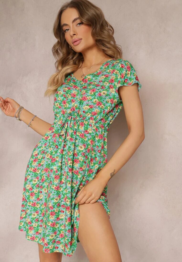 wei wei Rochie Mini Verde Mentă Florală din Viscoză cu Mânecă Scurtă Ayela