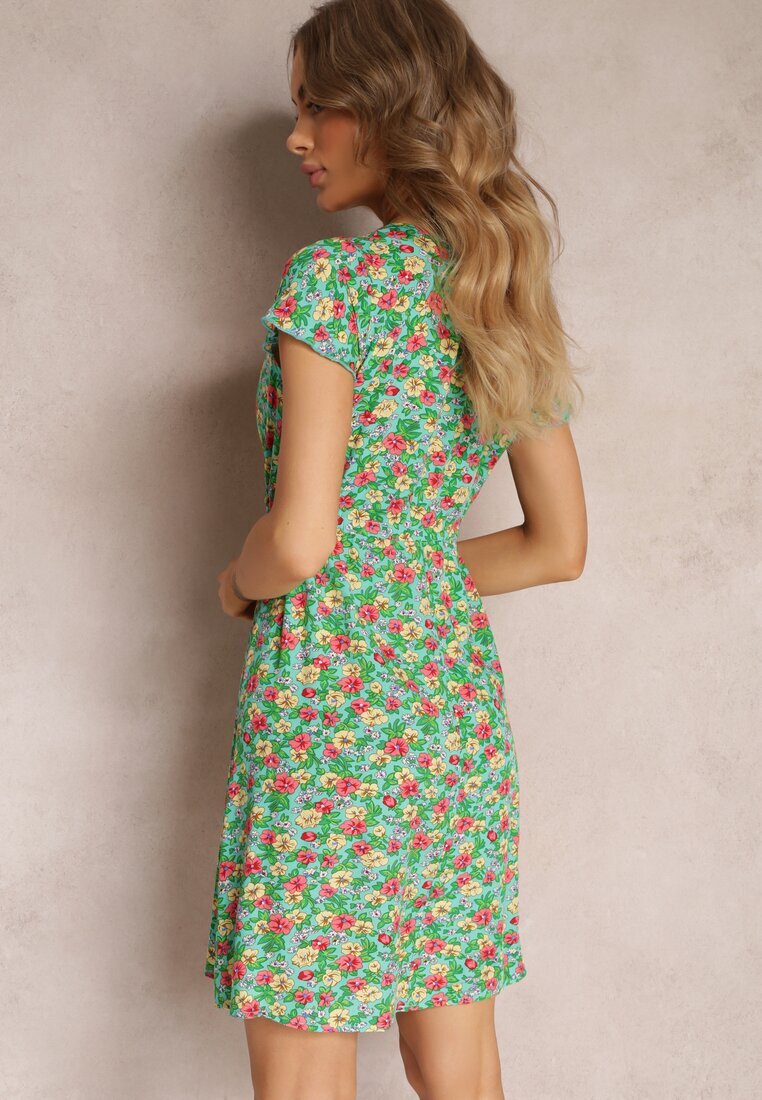 wei wei Rochie Mini Verde Mentă Florală din Viscoză cu Mânecă Scurtă Ayela