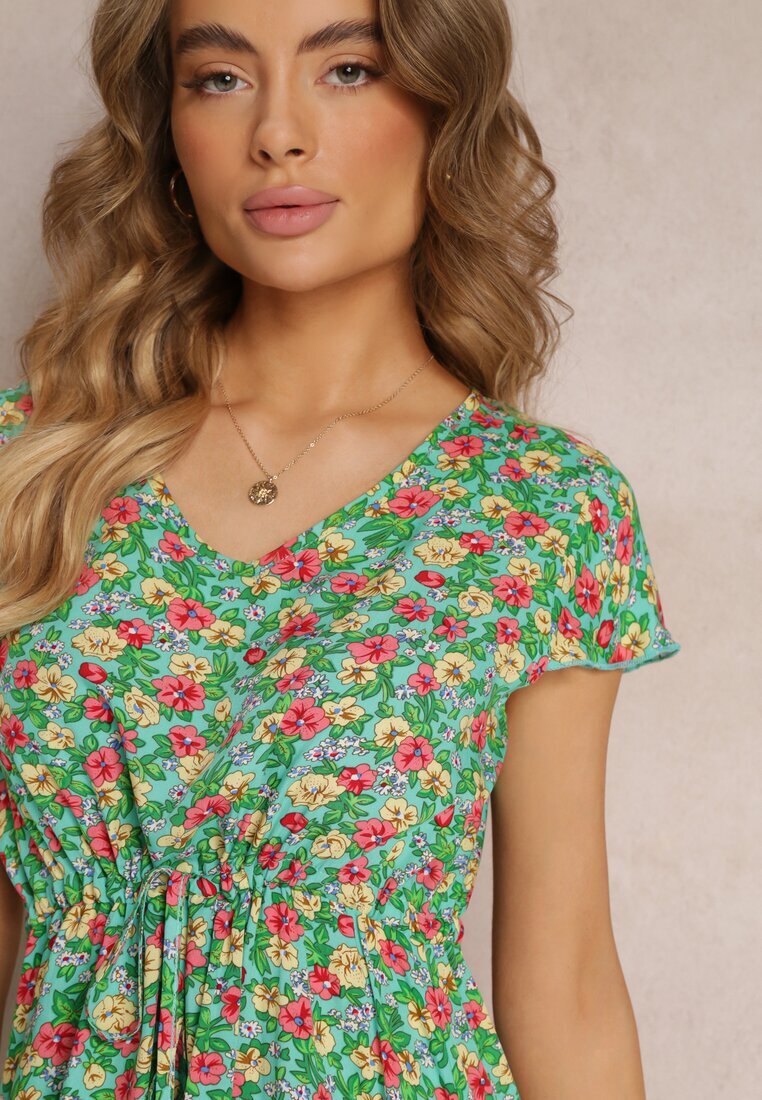 wei wei Rochie Mini Verde Mentă Florală din Viscoză cu Mânecă Scurtă Ayela